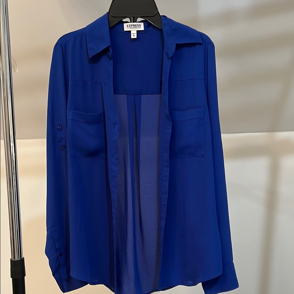 Express Blue Relaxed Button Down Shirt with Notched Collar